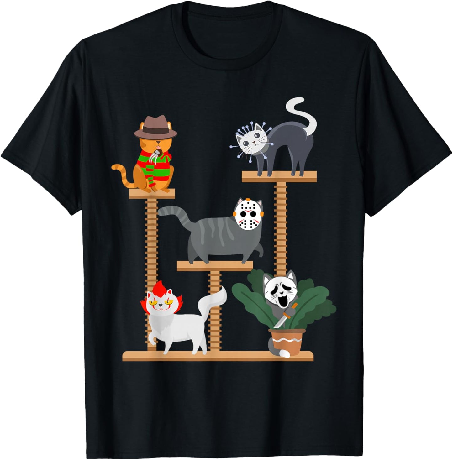 Horror Cat Playing on Tree Halloween Cat Lover Gift T-Shirt - T-Shirt | Black