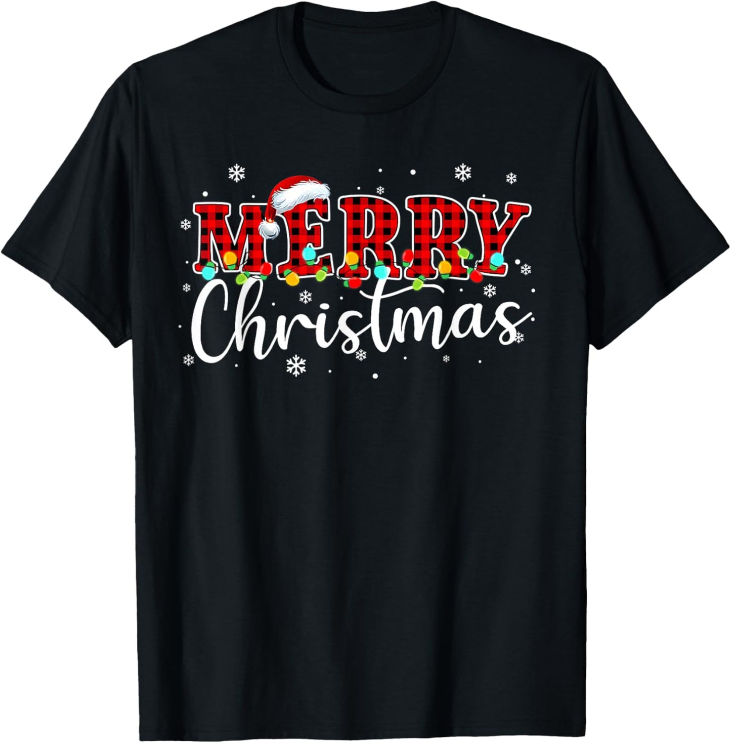 Merry Christmas Buffalo Plaid Red Santa Hat Xmas Pajamas T-Shirt - T-Shirt | Black