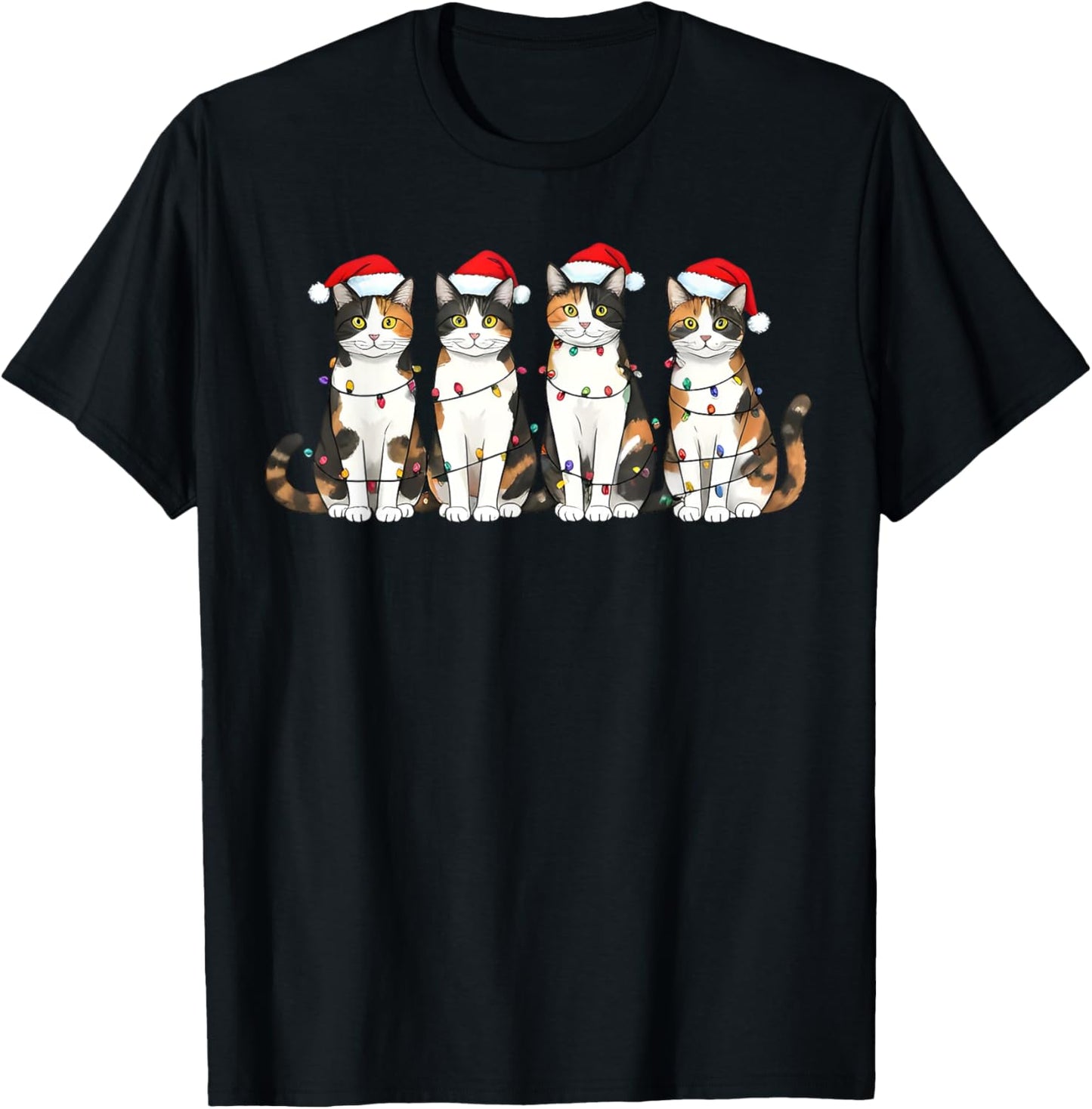 Calico Cat Santa Christmas Lights Women Kids T-Shirt - T-Shirt | Black