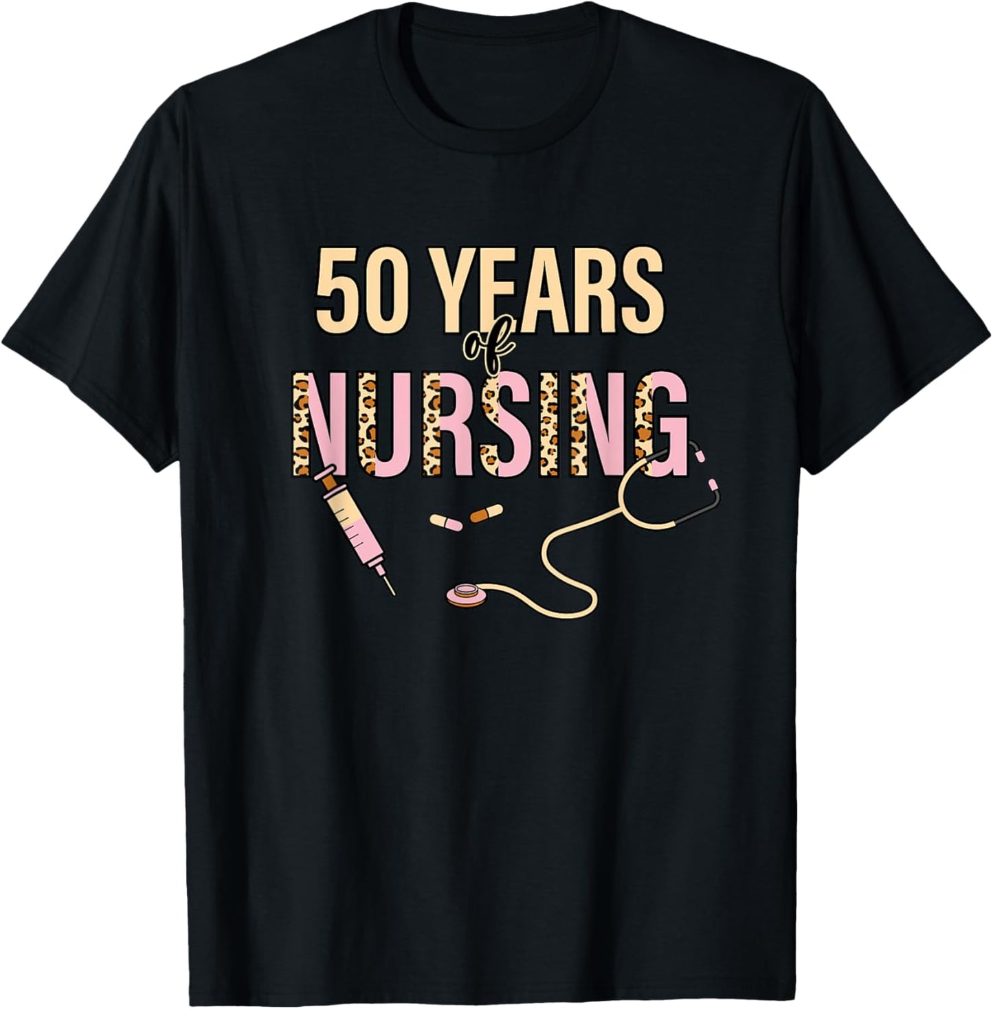 50 Years of Nursing 50th Nurse Anniversary Leopard Print T-Shirt - T-Shirt | Black