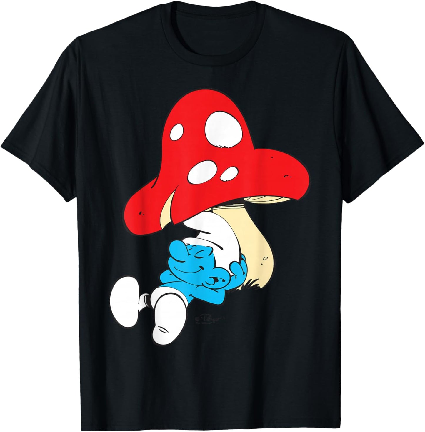 The Smurfs Sleeping Under Mushroom Smiling T-Shirt - T-Shirt | Black
