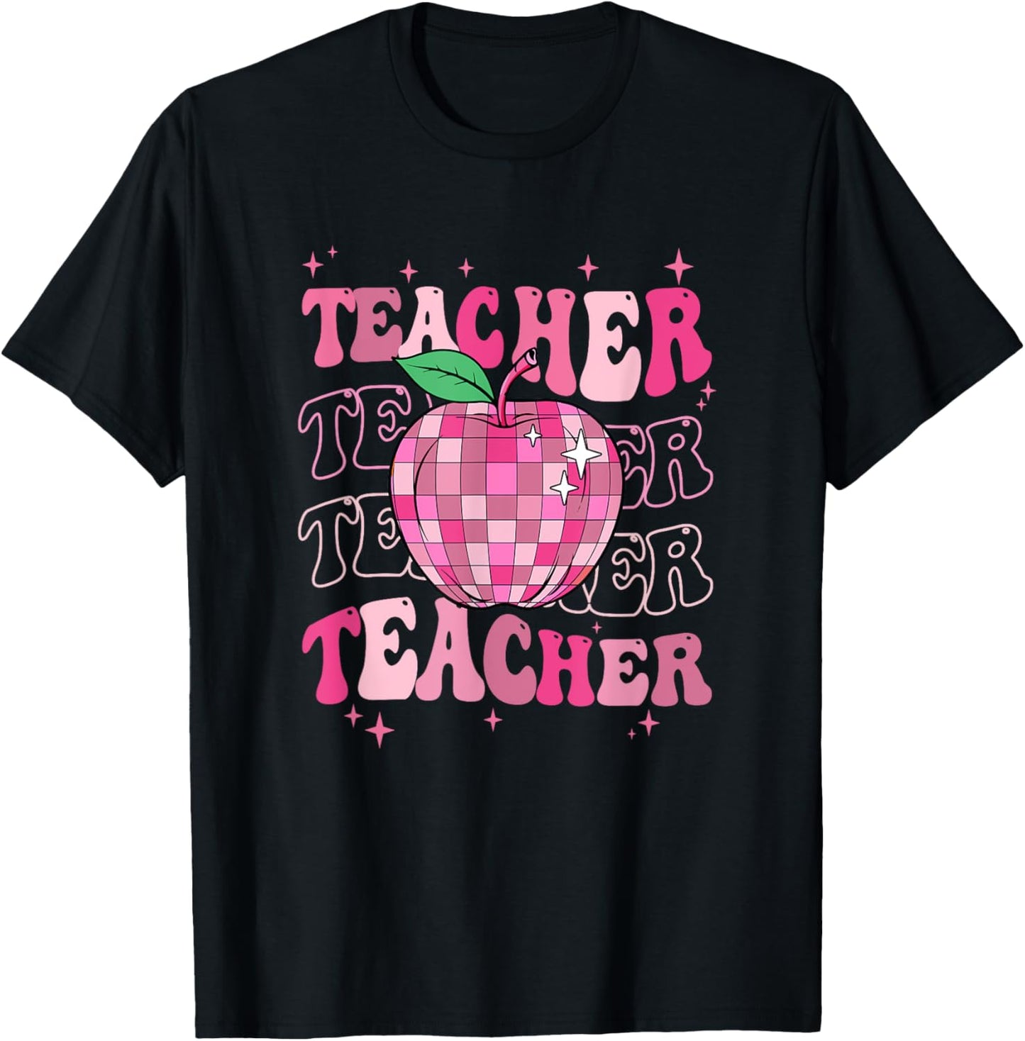 Retro Pink Disco Ball Apple Teacher Colorful Back To School T-Shirt - T-Shirt | Black