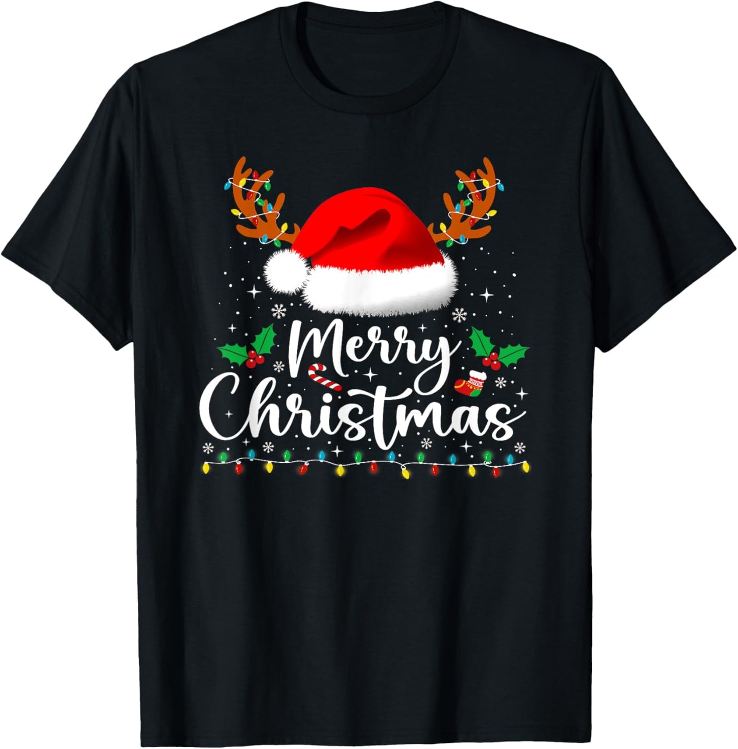 Merry Christmas Reindeer Funny Family Men Women Xmas Lights T-Shirt - T-Shirt | Black