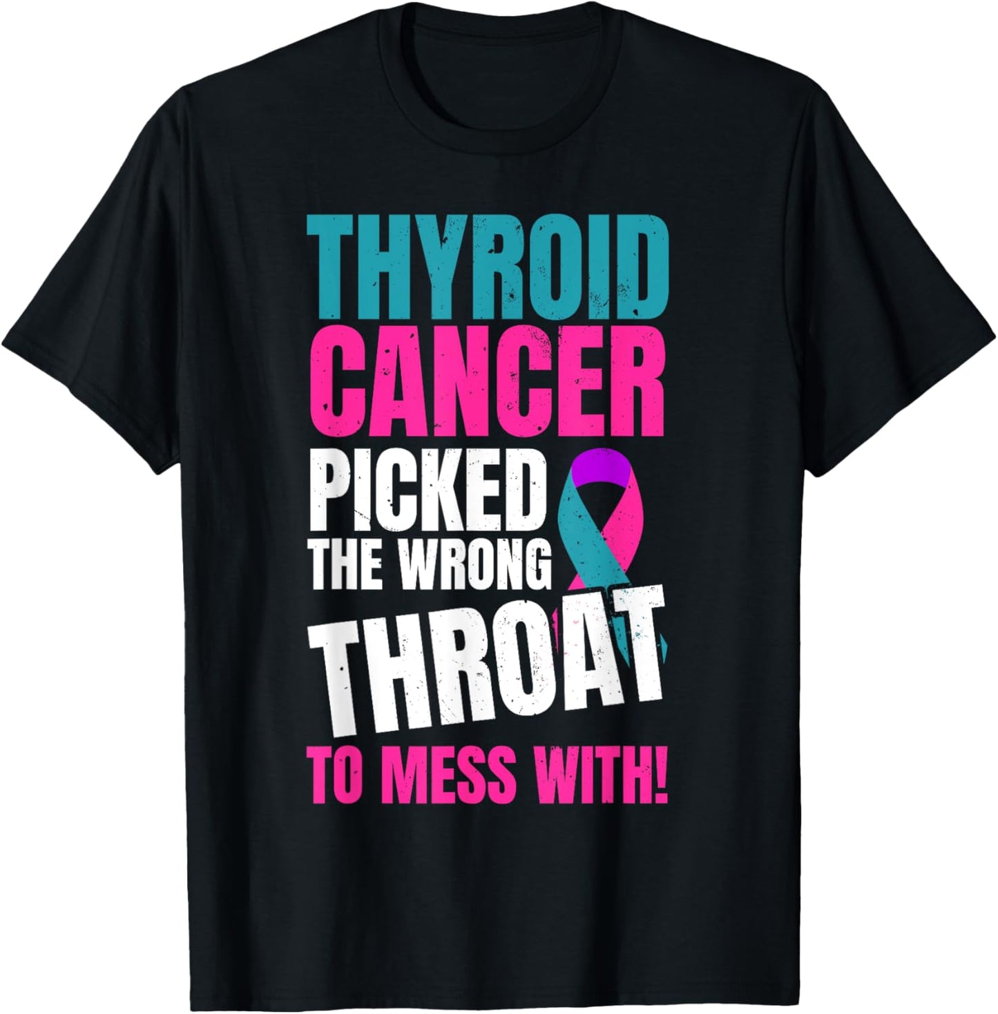 Thyroid Cancer Awareness Warrior Teal & Purple Pink Ribbon T-Shirt - T-Shirt | Black