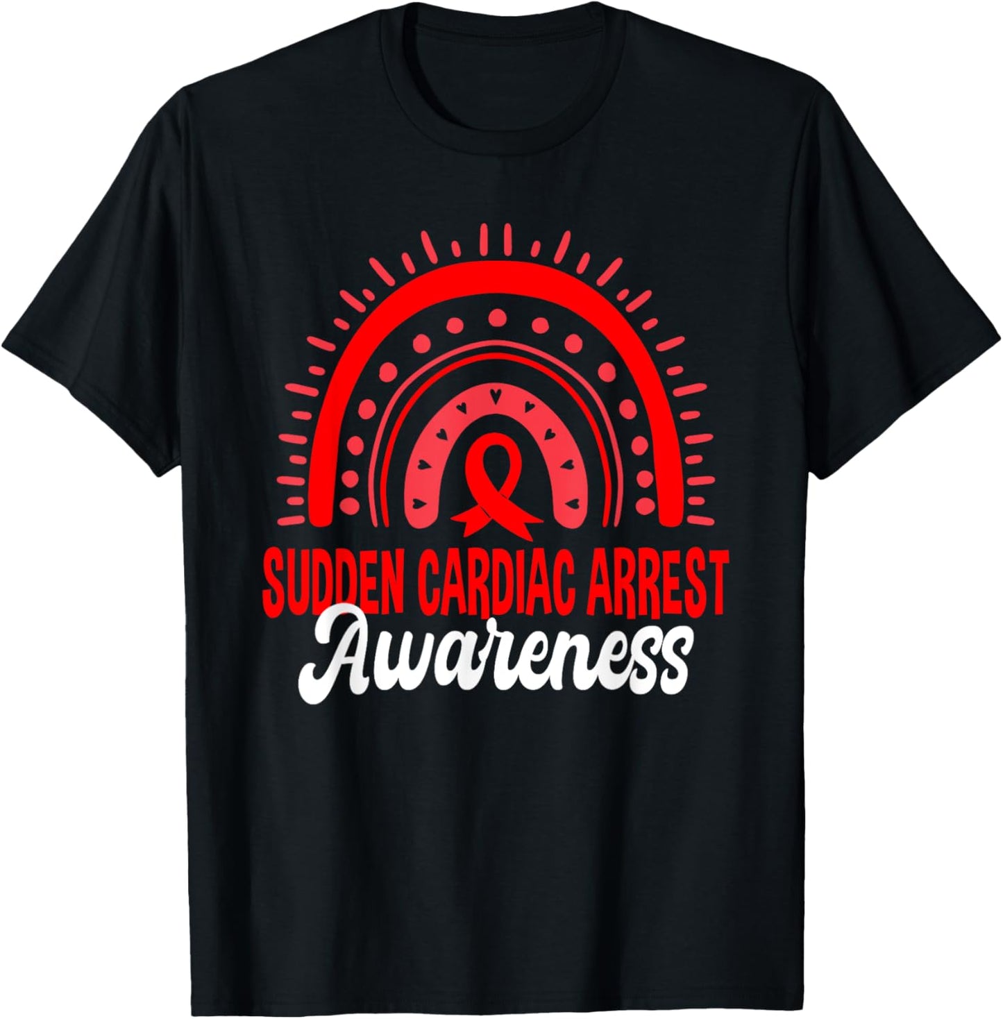 Sudden Cardiac Arrest Awareness Boho Rainbow Red Ribbon T-Shirt - T-Shirt | Black