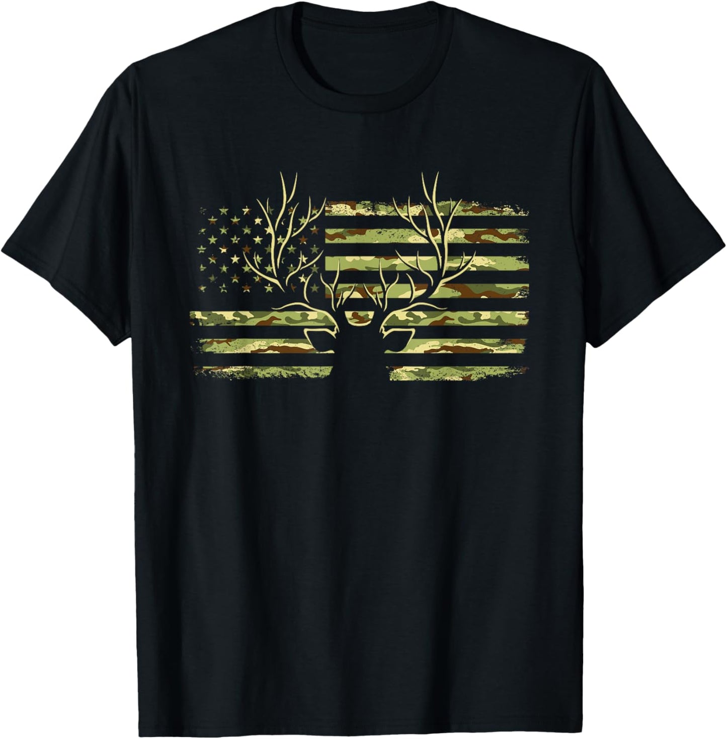 Deer Camo USA Flag Buck Elk Hunting American Hunt Lover T-Shirt - T-Shirt | Black