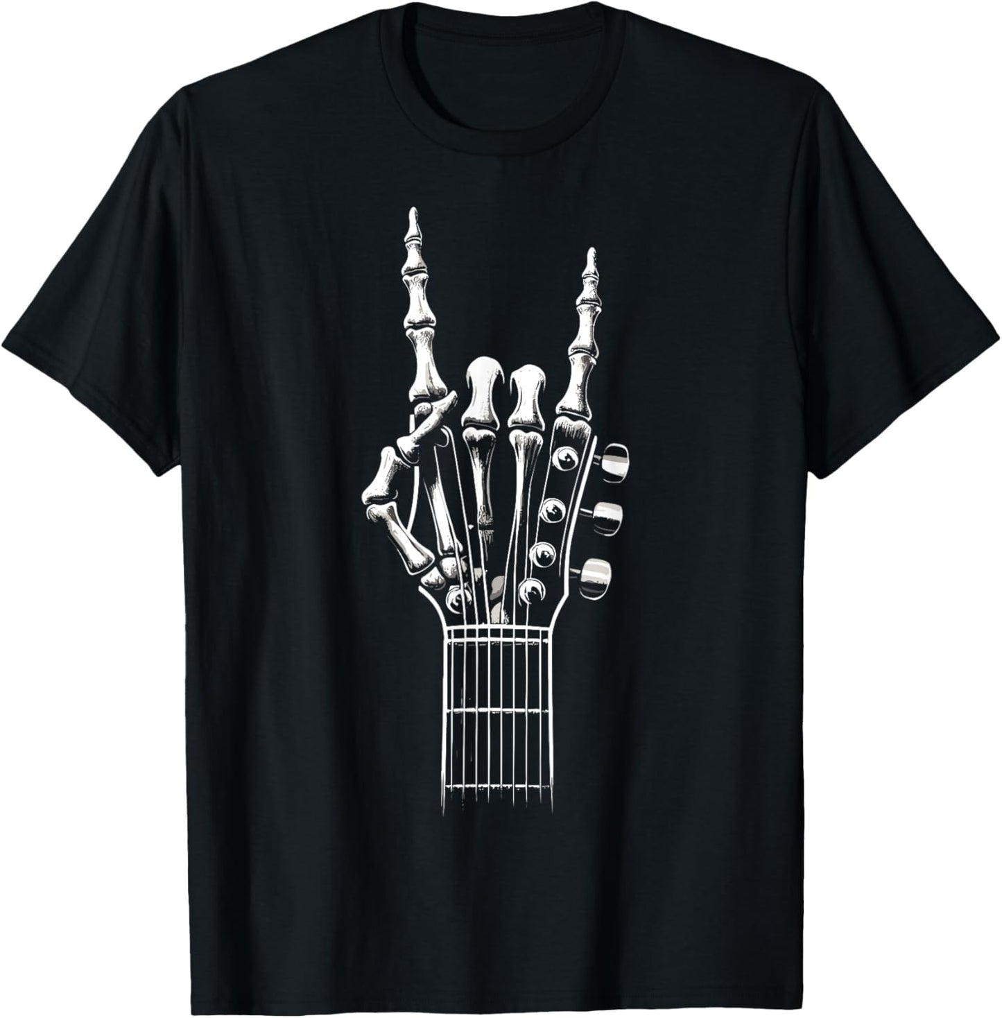 Guitar Skeleton Hand Sign Retro Rock and Roll T-Shirt - T-Shirt | Black