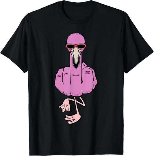 Middle Finger Pink Flamingo Offensive Rude Tropical Bird T-Shirt - T-Shirt | Black