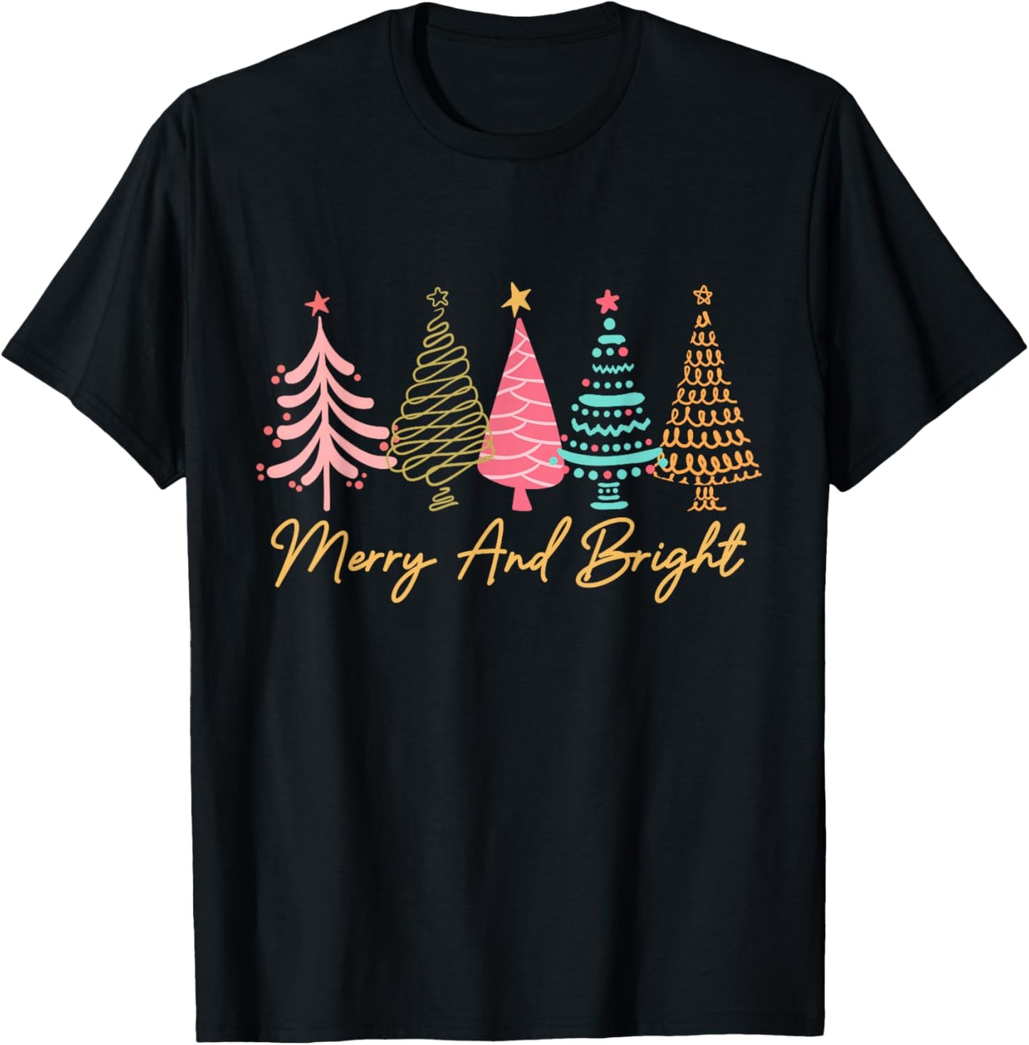 Merry And Bright Christmas Tree Xmas Pajamas Holiday Family T-Shirt - T-Shirt | Black