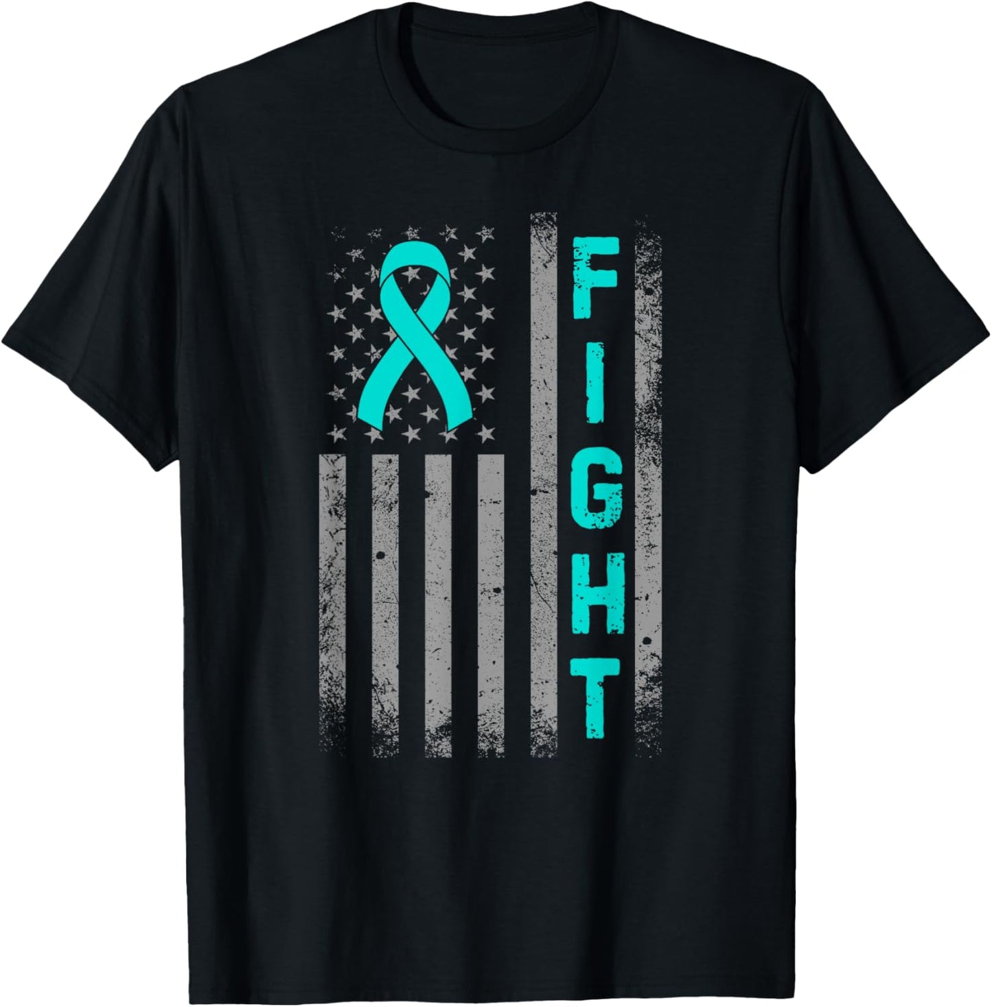Fight Ovarian Cancer Awareness American US Flag Teal Ribbon T-Shirt - T-Shirt | Black