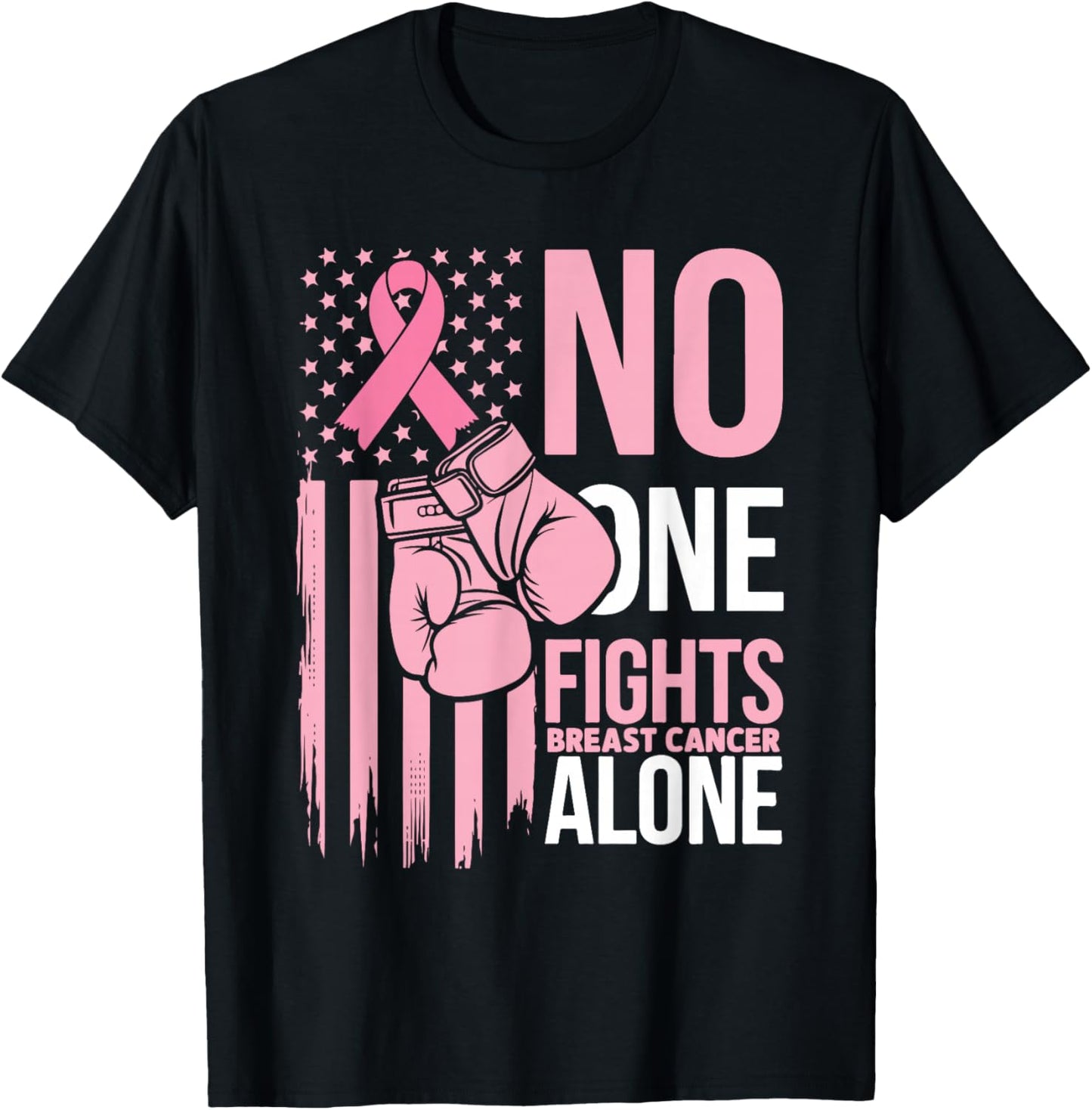 No One Fights Breast Cancer Alone Usa Flag Boxing Gloves T-Shirt - T-Shirt | Black