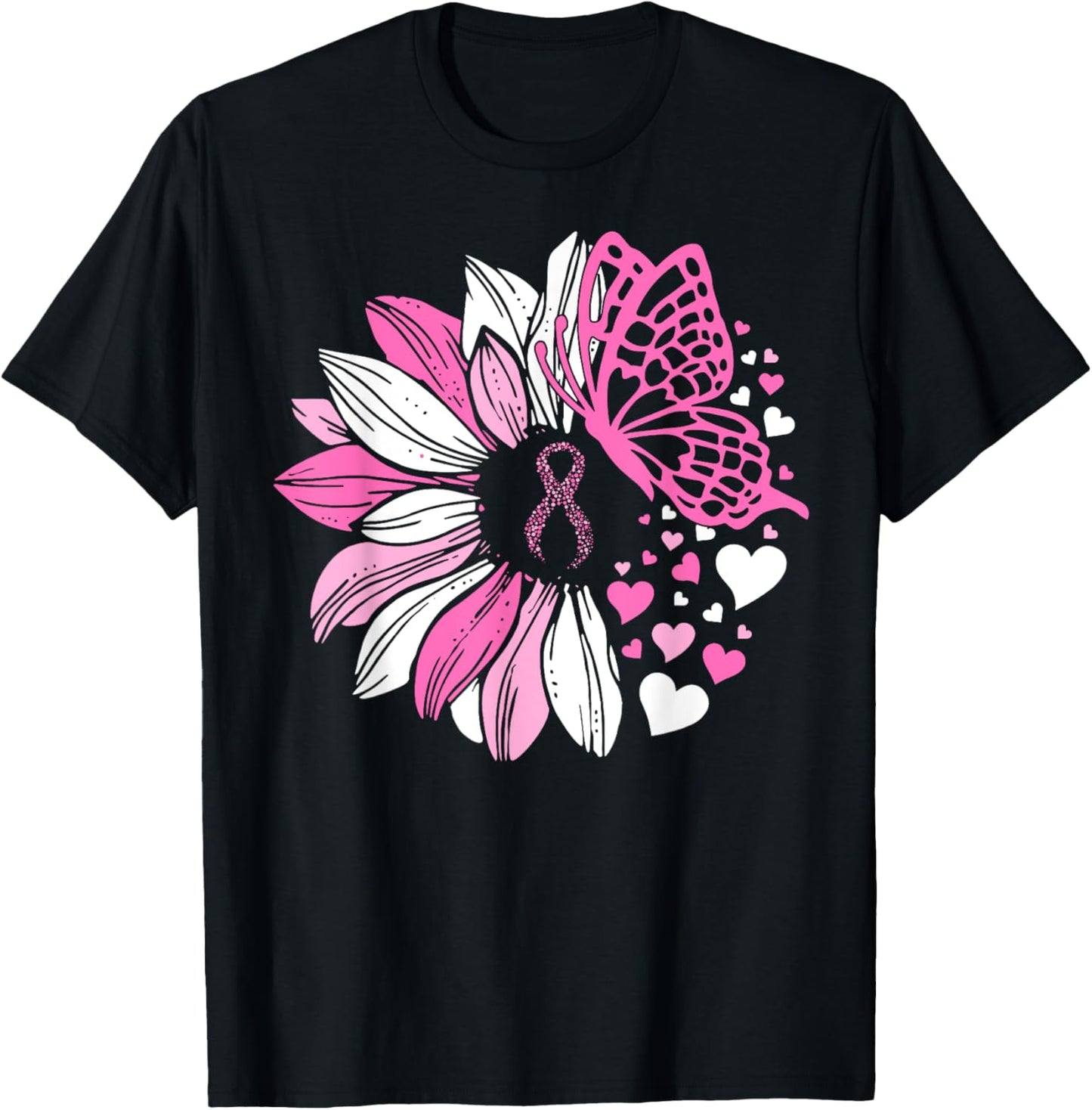 Sunflower Pink Breast Cancer Awareness Women Warrior T-Shirt - T-Shirt | Black