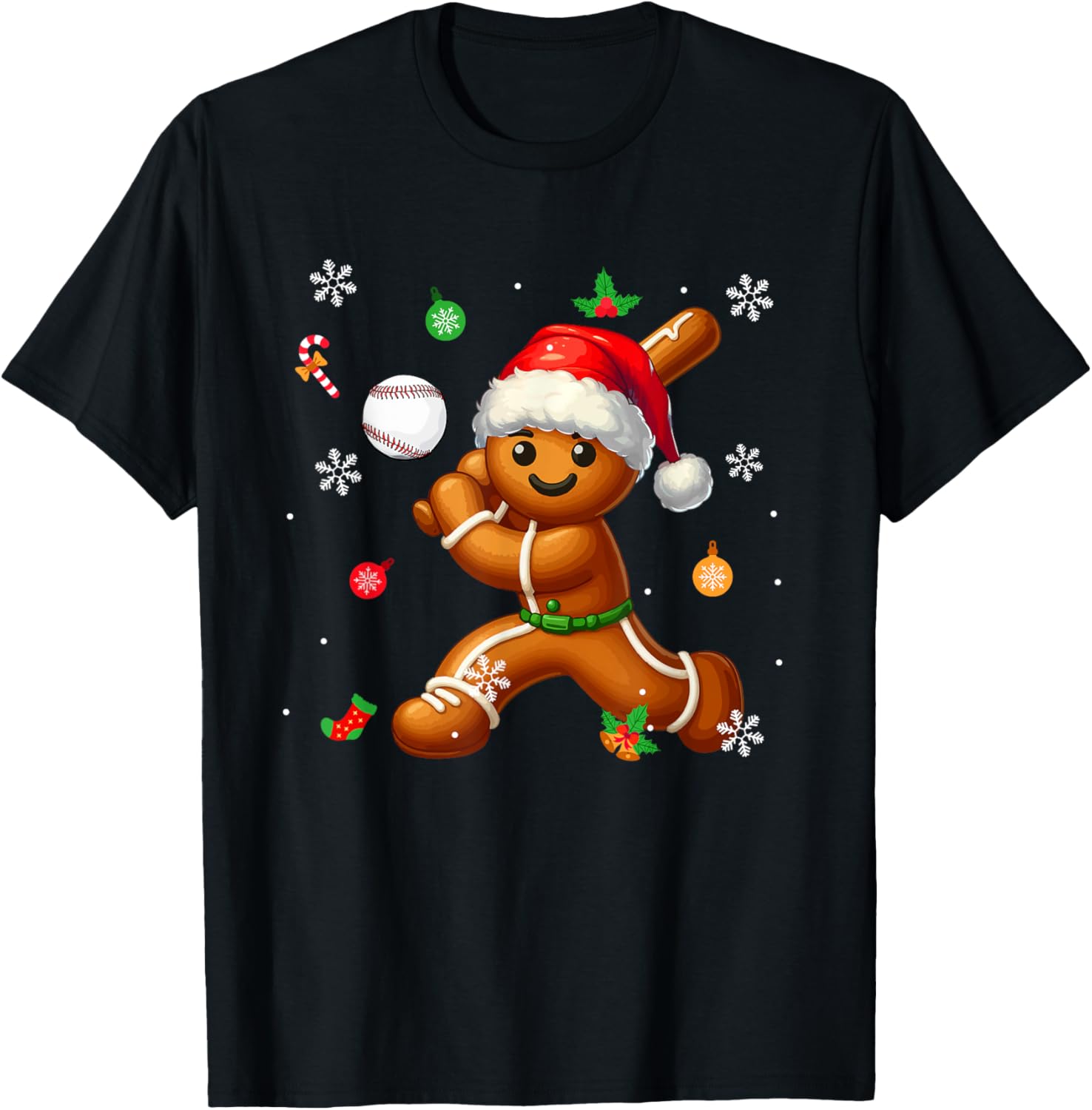 Gingerbread Playing Baseball Christmas Player Kids Family T-Shirt - T-Shirt | Black
