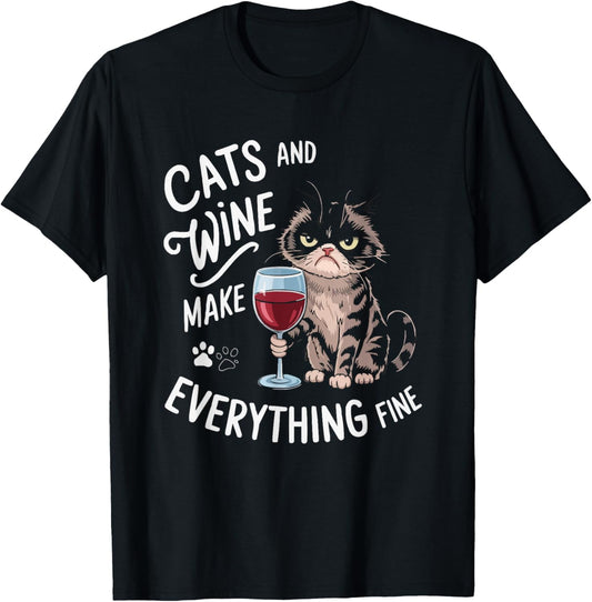 Wine Cat Owner Kitty Meow Alcohol Drinking Winemaker T-Shirt - T-Shirt | Black