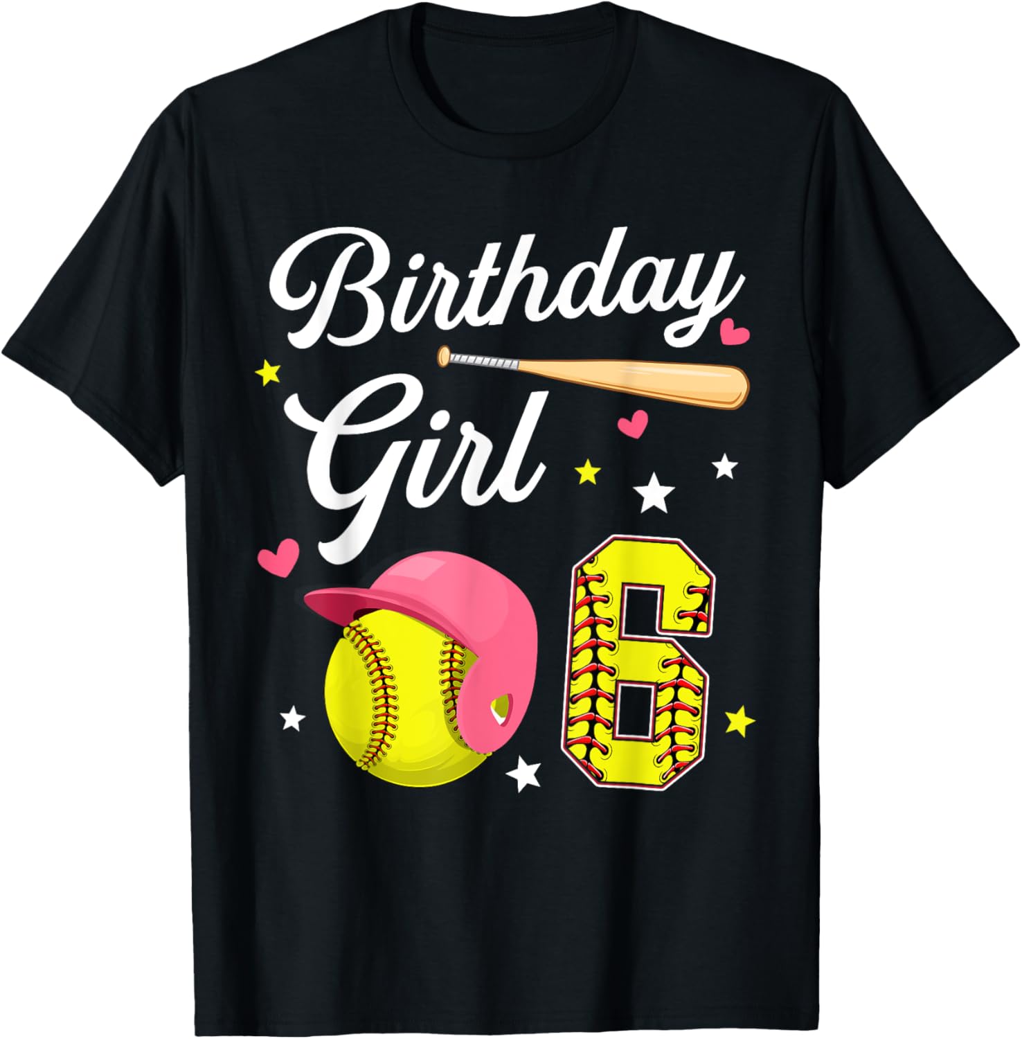6th Birthday Girl Softball Sixth Bday 6 Yrs Six Years Old T-Shirt - T-Shirt | Black