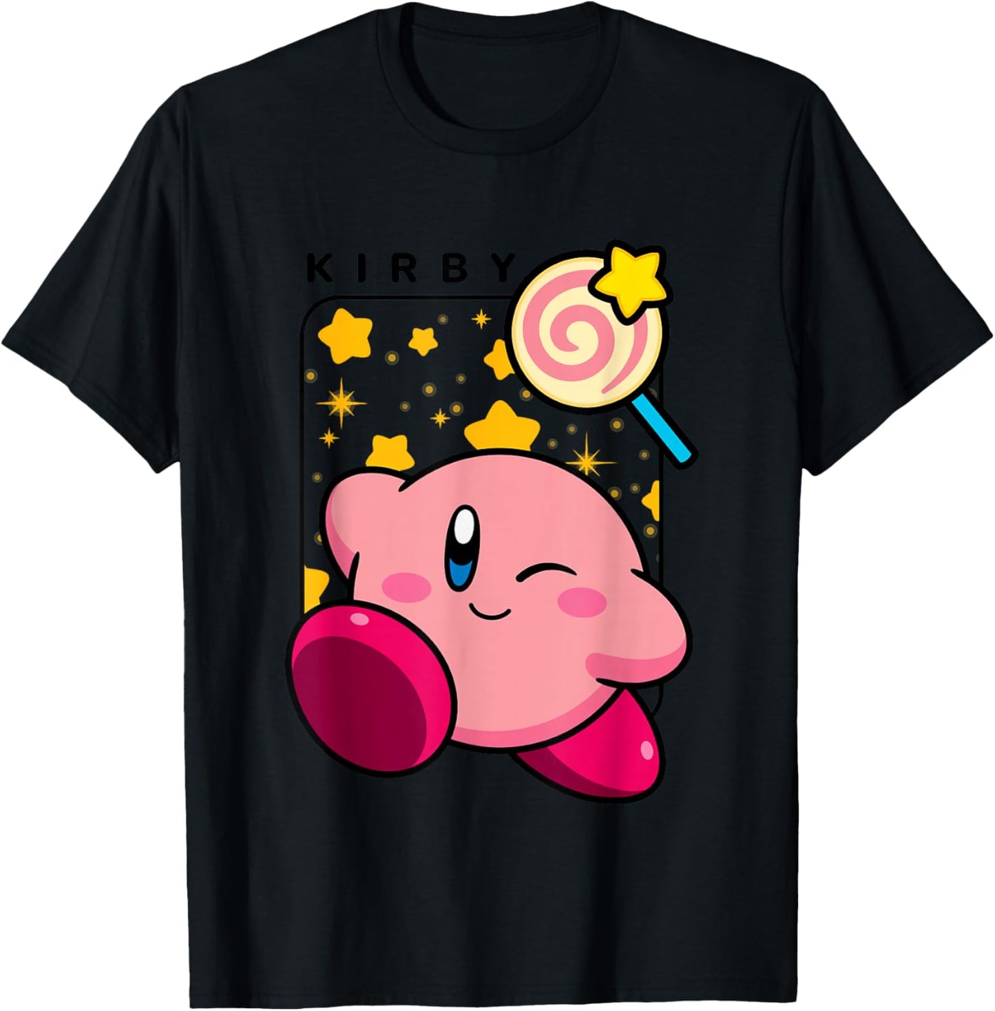 Kirby Lollipop & Stars Big Cute Nintendo Portrait T-Shirt - T-Shirt | Black