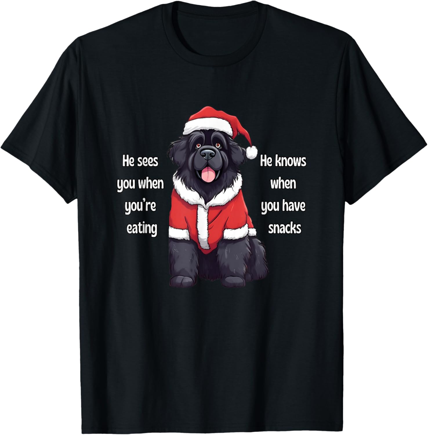 He Sees You When You're Eating Funny Newfoundland Christmas T-Shirt - T-Shirt | Black