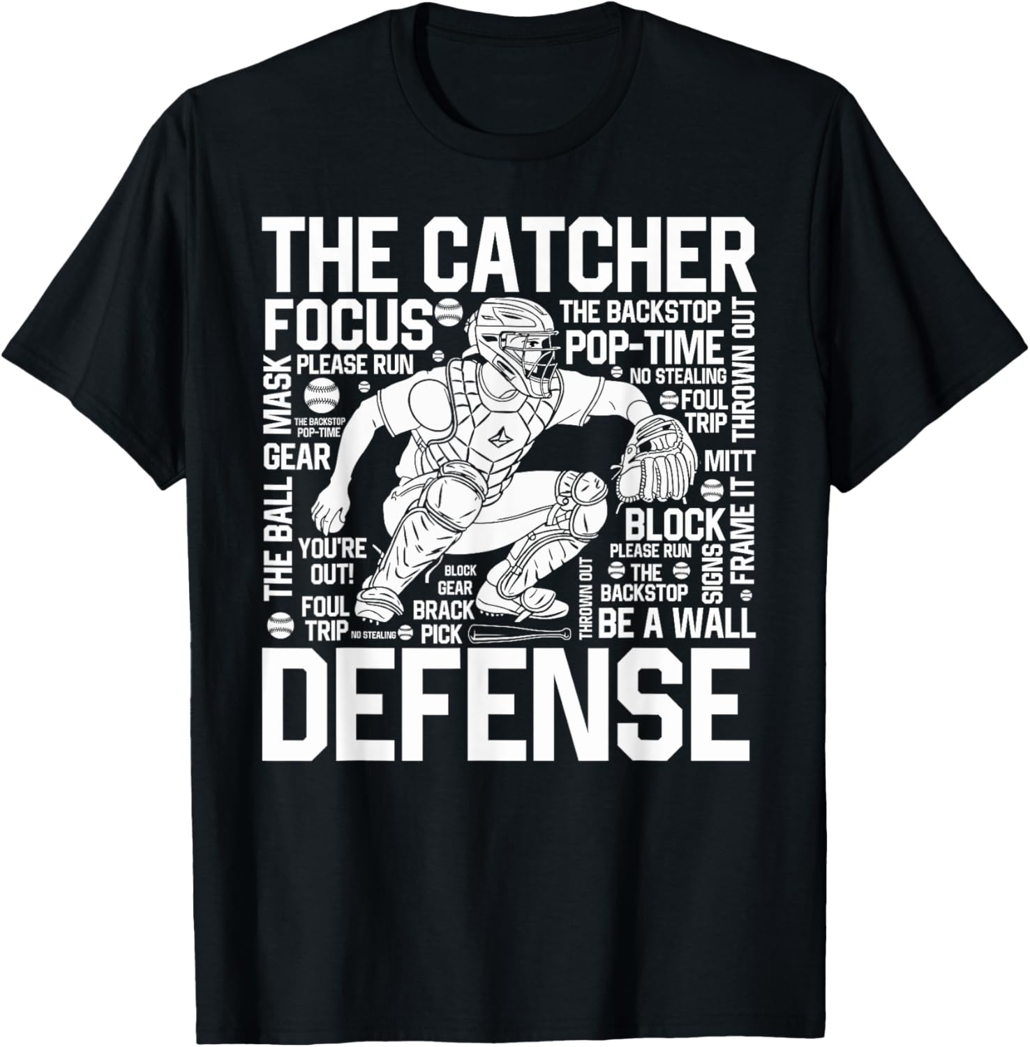Baseball Softball Catcher Position Word Art Player Game Day T-Shirt - T-Shirt | Black