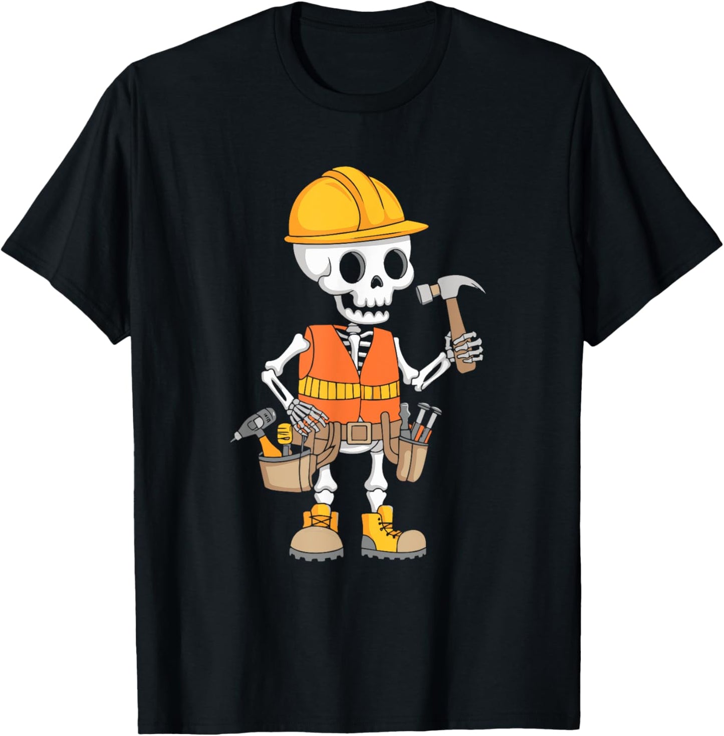 Construction Worker Costume Skeleton Halloween Orange Vest T-Shirt - T-Shirt | Black
