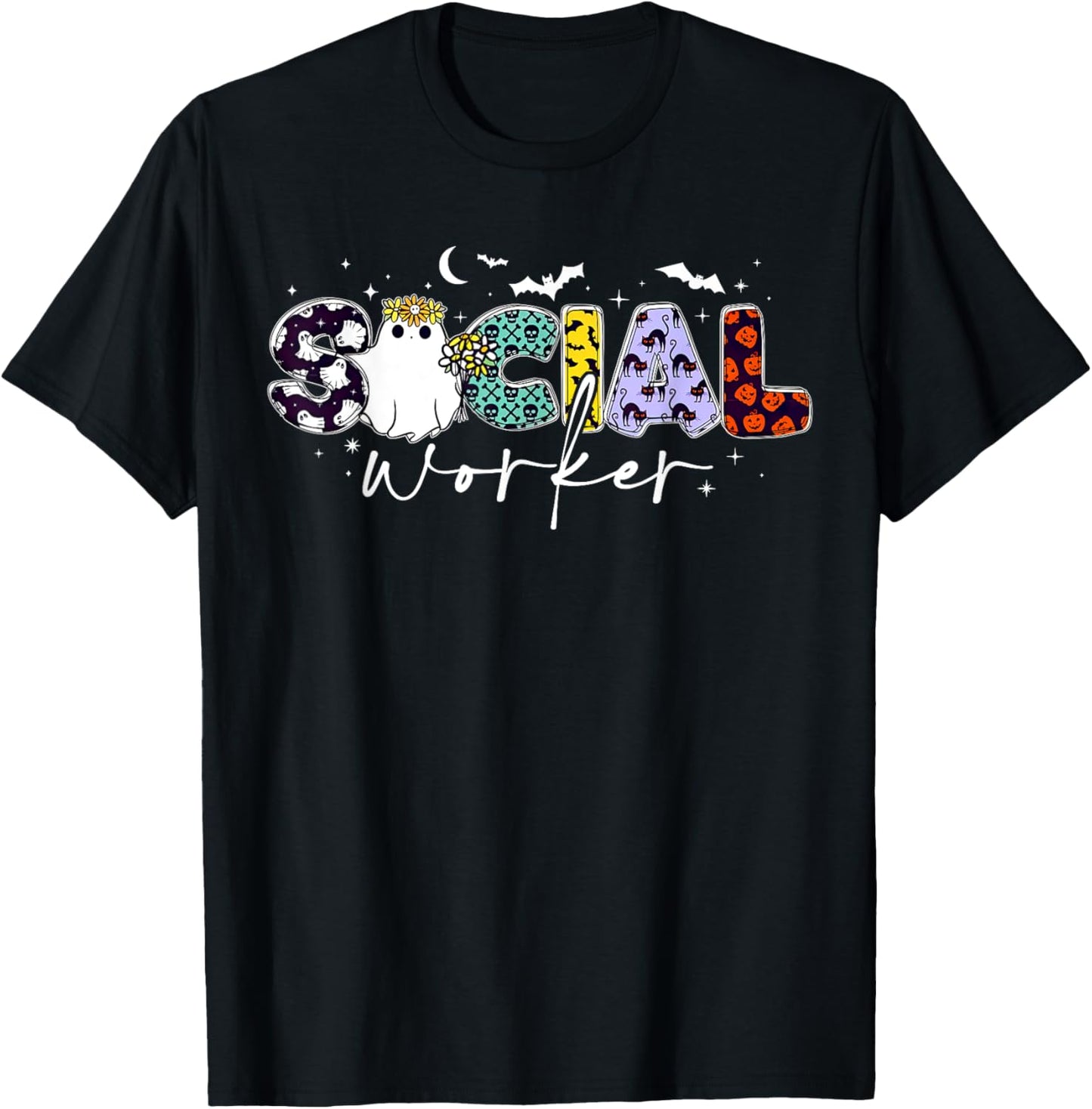 Retro Social Worker Ghost Halloween Funny School Social Work T-Shirt - T-Shirt | Black