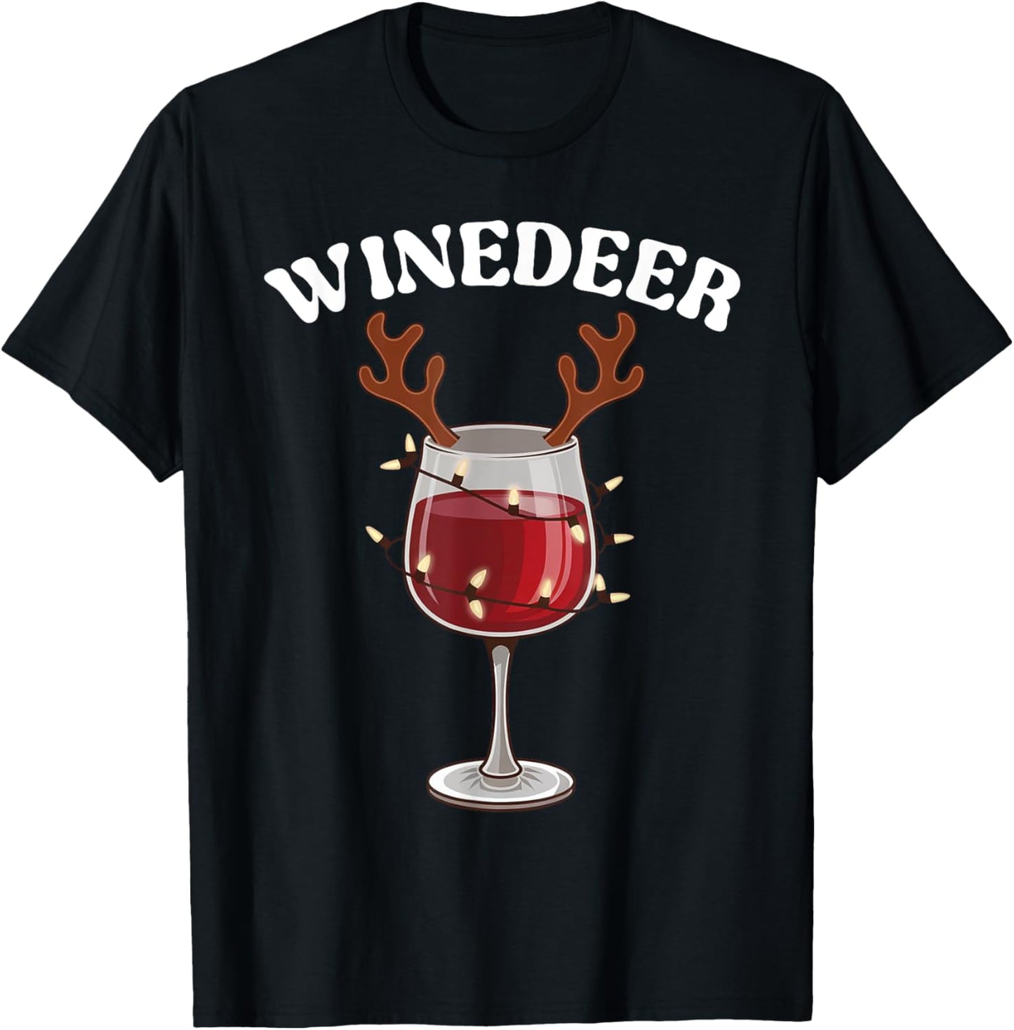 Funny Winedeer Reindeer Hat Santa Antlers Wine Glass Lights T-Shirt - T-Shirt | Black