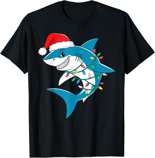 Shark Christmas Lights Santa Hat Xmas Pajama Boys Girls Kids T-Shirt - T-Shirt | Black