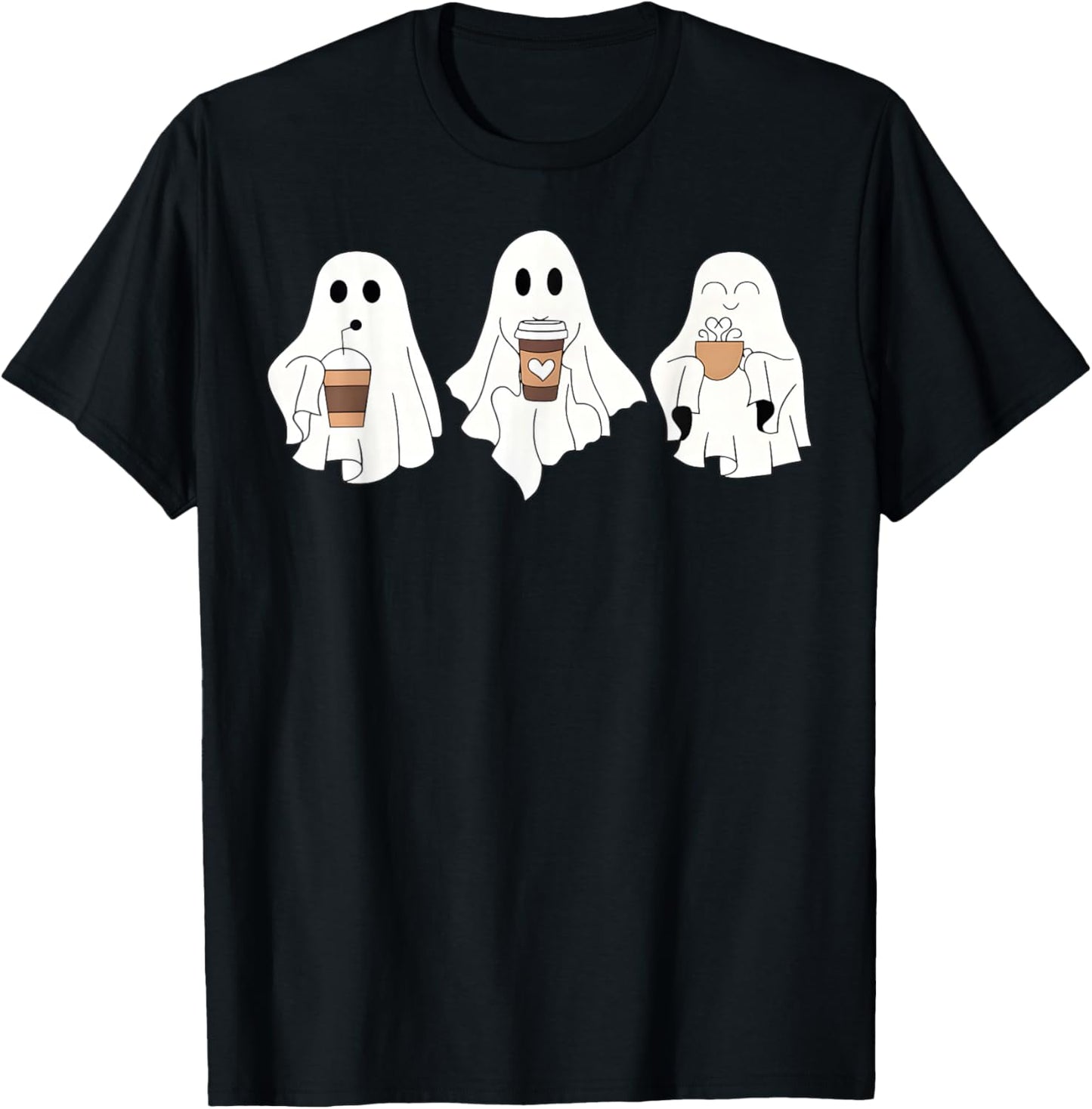 Cute Ghost Drinking Coffee Halloween Ghost Ice Coffee T-Shirt - T-Shirt | Black