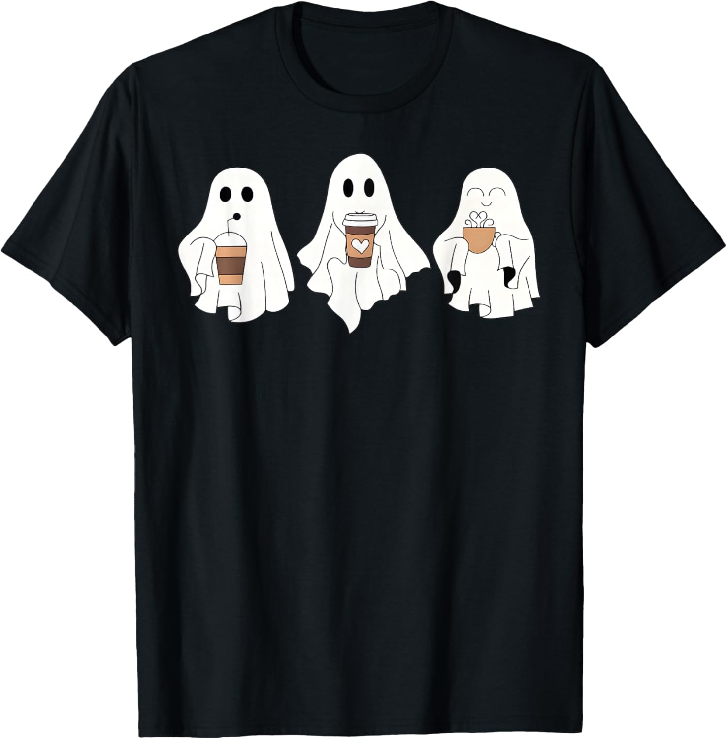 Cute Ghost Drinking Coffee Halloween Ghost Ice Coffee T-Shirt - T-Shirt | Black