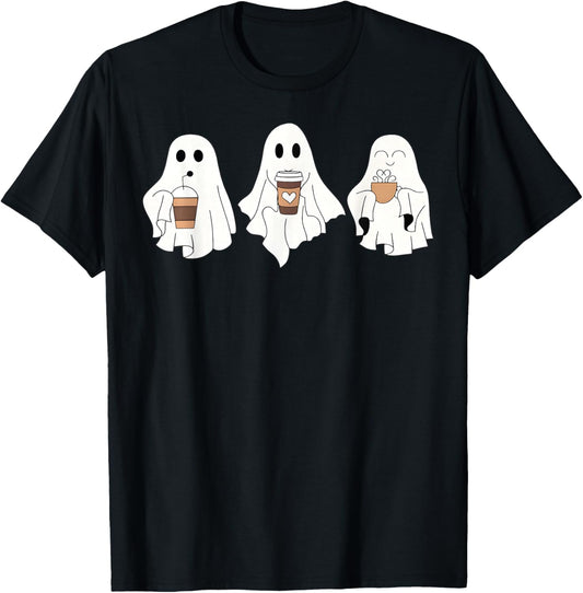 Cute Ghost Drinking Coffee Halloween Ghost Ice Coffee T-Shirt - T-Shirt | Black