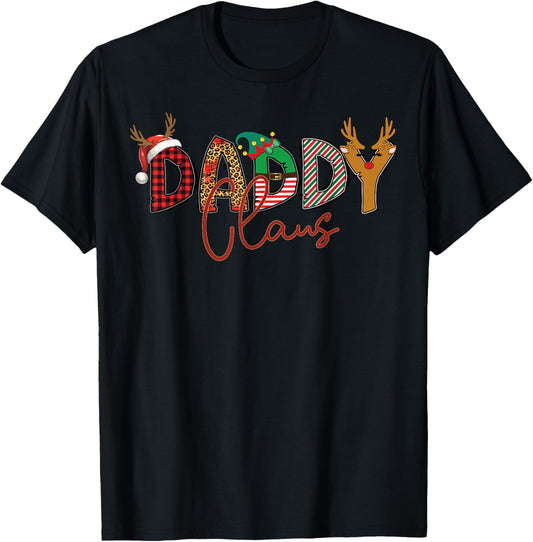 Daddy Claus Santa Hat Reindeer Leopard Plaid Matching Family T-Shirt - T-Shirt | Black