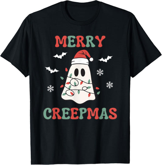 Merry Creepmas Christmas Ghost Wrapped in Lights Cute Kawaii T-Shirt - T-Shirt | Black
