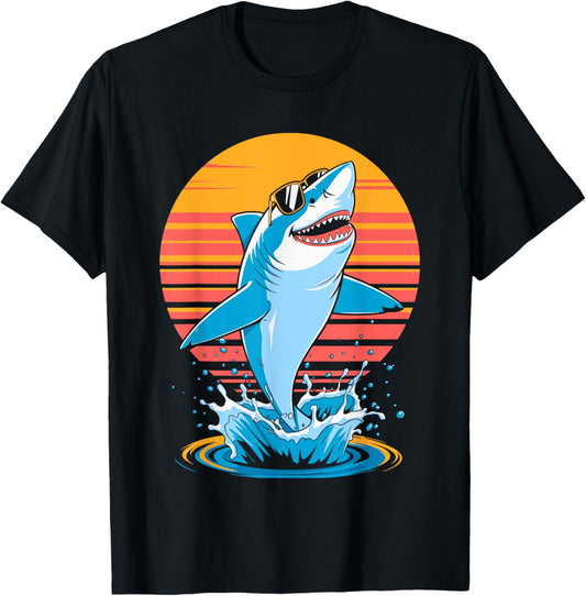 Retro Sunset Cool Shark in Sunglasses Funny Animal Sharks T-Shirt - T-Shirt | Black