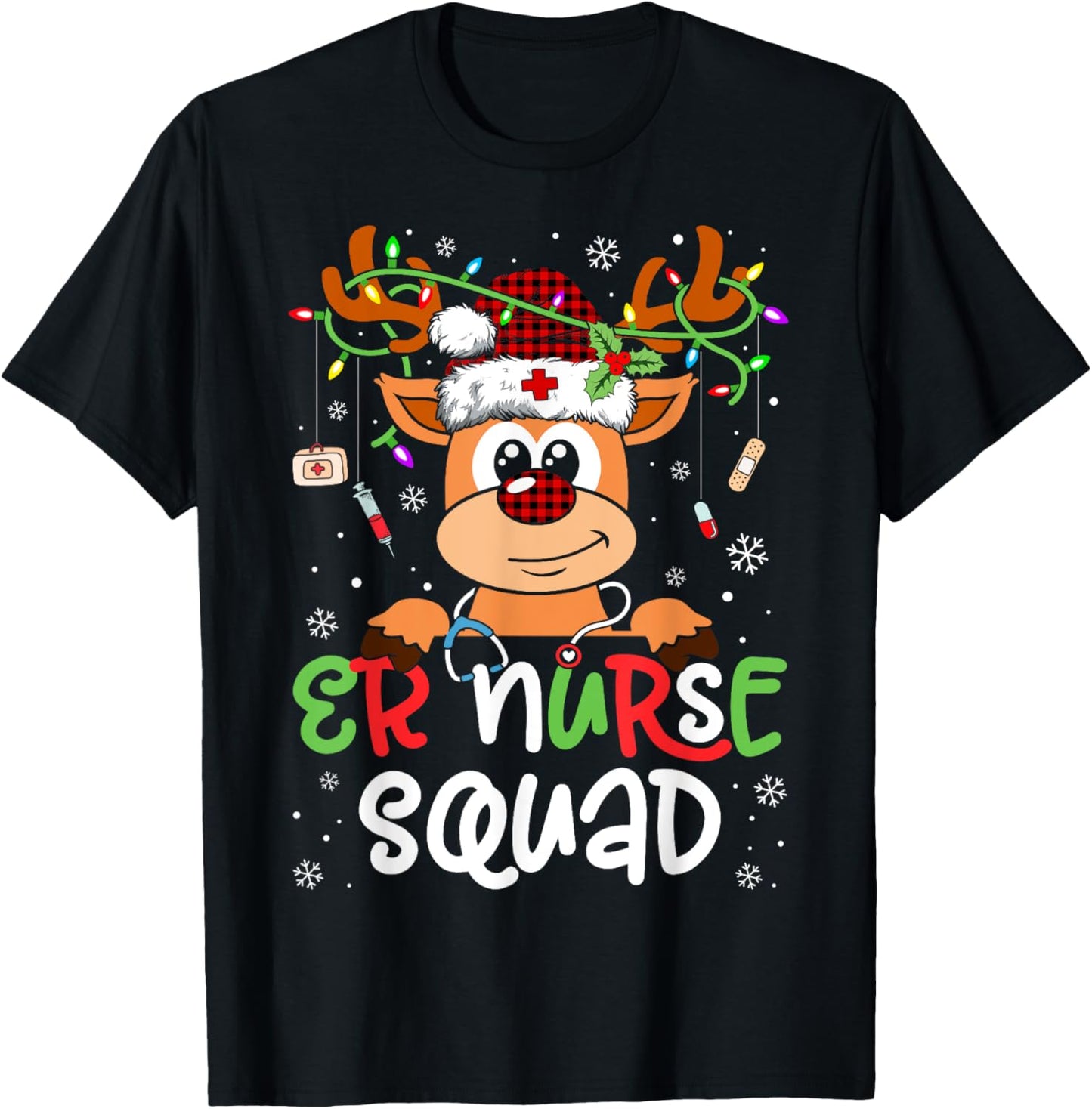 Reindeer Christmas ER Nurse Squad Stethoscope Nurse T-Shirt - T-Shirt | Black