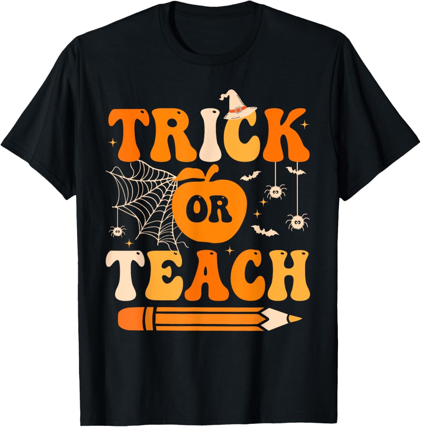 Retro Groovy Trick Or Teach Funny Halloween Teacher Life T-Shirt - T-Shirt | Black