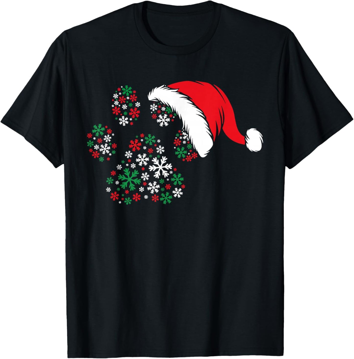 Snowflake Dog Paws Print Santa Hat Christmas Animal Lover T-Shirt - T-Shirt | Black