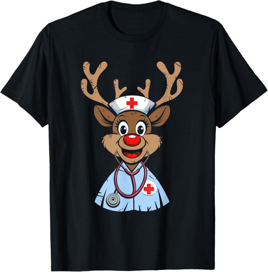 Christmas Nurse Reindeer Funny Scrubs Rubber Gloves Nurses T-Shirt - T-Shirt | Black