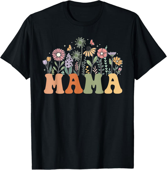 Mama Wildflower Floral Birthday Baby Shower New Mama T-Shirt - T-Shirt | Black