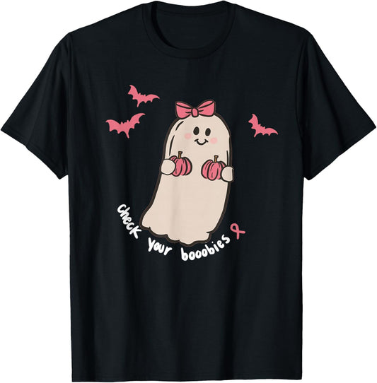 Check Your Boobies Ghost Halloween Breast Cancer Awareness T-Shirt - T-Shirt | Black