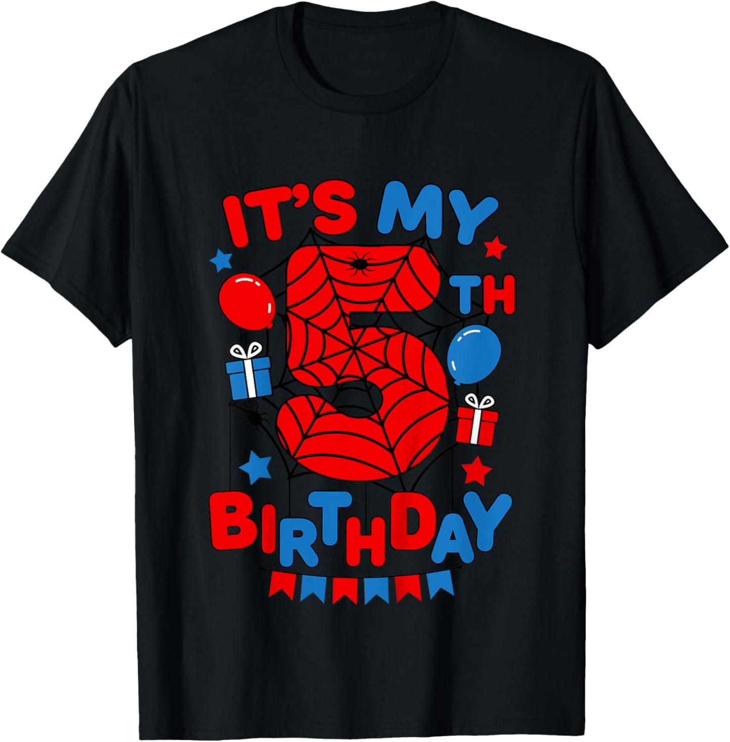 Kids It's My 5th Birthday Spider Theme Party 5 Year Old Boys Kids T-Shirt - T-Shirt | Black