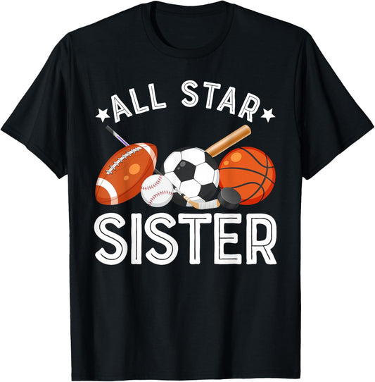 All Star Sister Of The Birthday Boy Basketball Soccer Sport T-Shirt - T-Shirt | Black