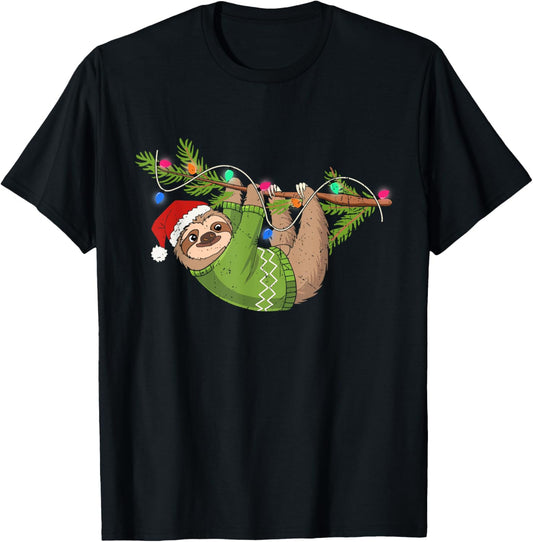 Cute Xmas Sloth Santa Hat Christmas Sloth - Tree Lights Xmas T-Shirt - T-Shirt | Black