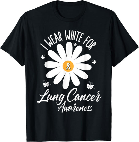 I Wear White For Lung Cancer Awareness White Ribbon Flower T-Shirt - T-Shirt | Black