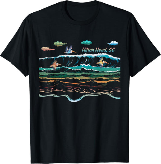 Hilton Head SC South Carolina Waves Pelican Bird Watcher T-Shirt - T-Shirt | Black
