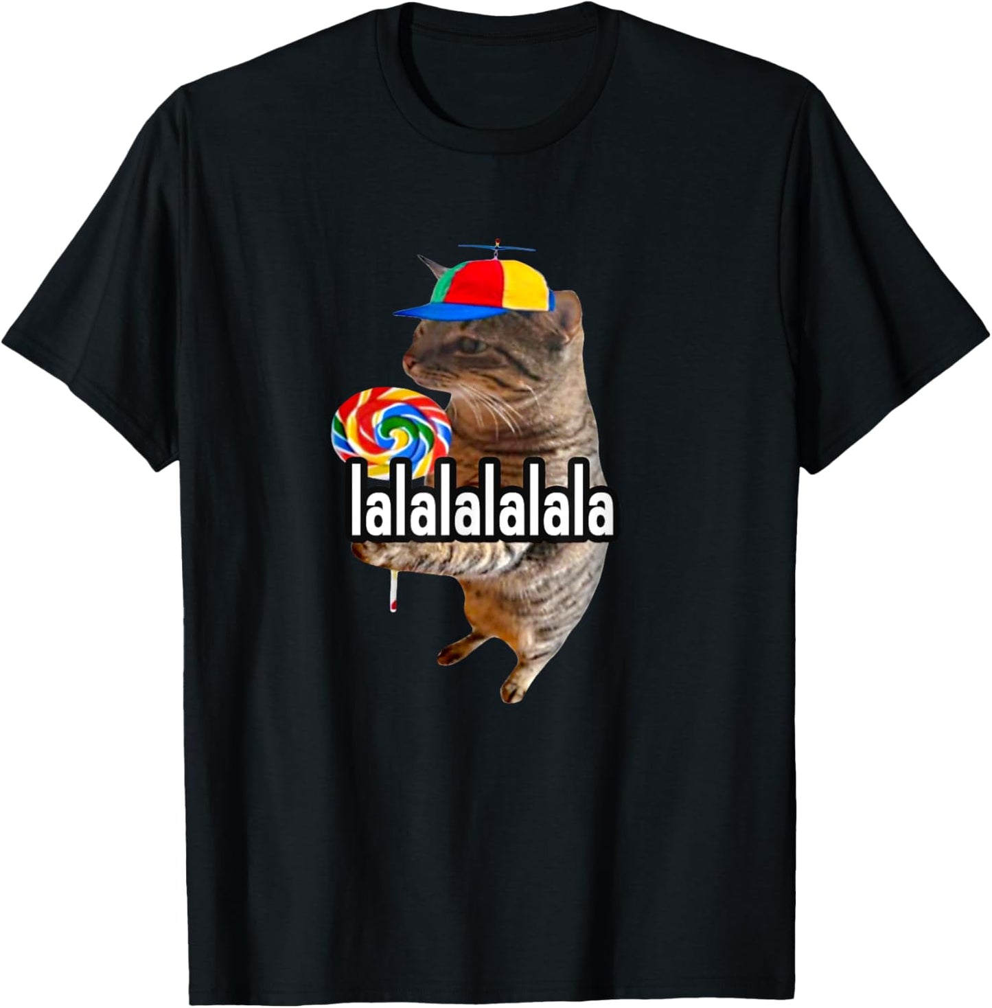 Silly Cat With Lollipop Lalalalalala Meme T-Shirt - T-Shirt | Black
