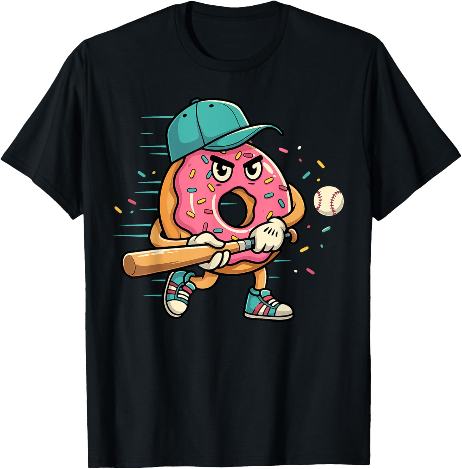 Donut Playing Baseball Dessert Food Lover Sports Fan Player T-Shirt - T-Shirt | Black
