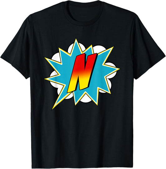 Letter N Superhero Name Comic Letter Retro Costume T-Shirt - T-Shirt | Black