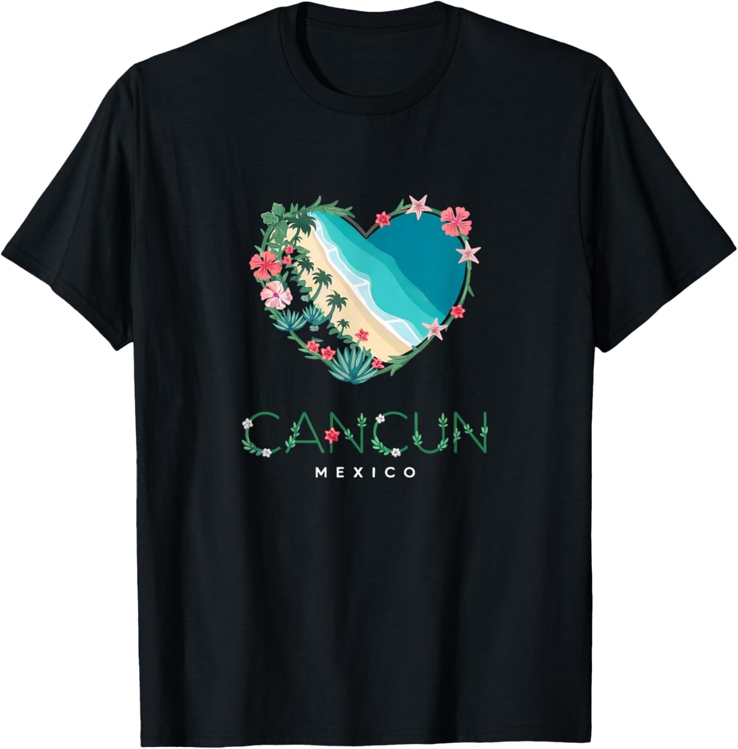 Cancun Floral Heart - Mexican Beach Lovers' Souvenir T-Shirt - T-Shirt | Black