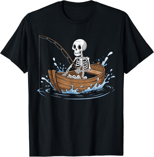 Funny Skeleton Fishing Lovers Spooky Halloween Boat T-Shirt - T-Shirt | Black