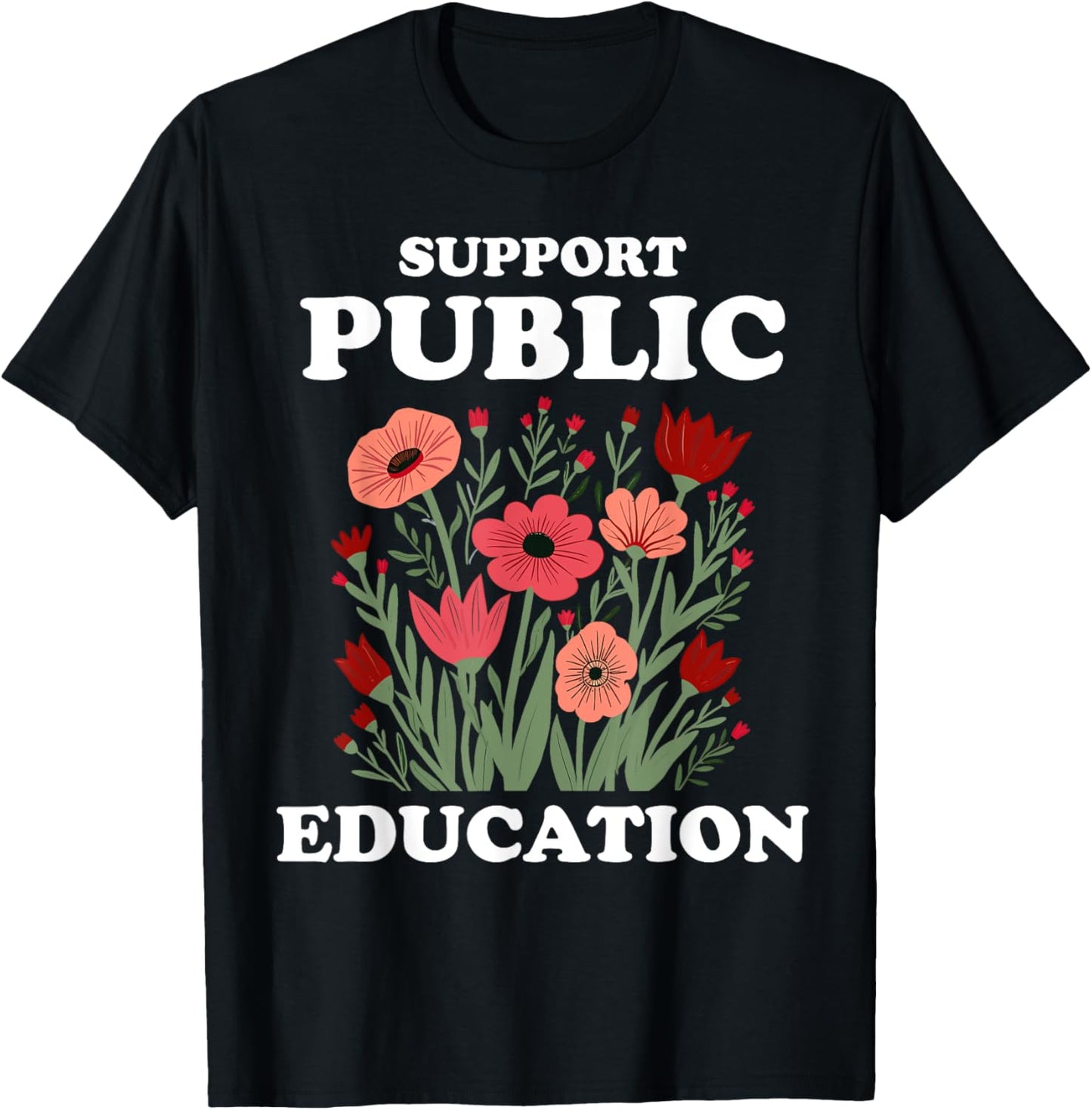 Support Public Education Cute Floral Teacher Red for Ed T-Shirt - T-Shirt | Black