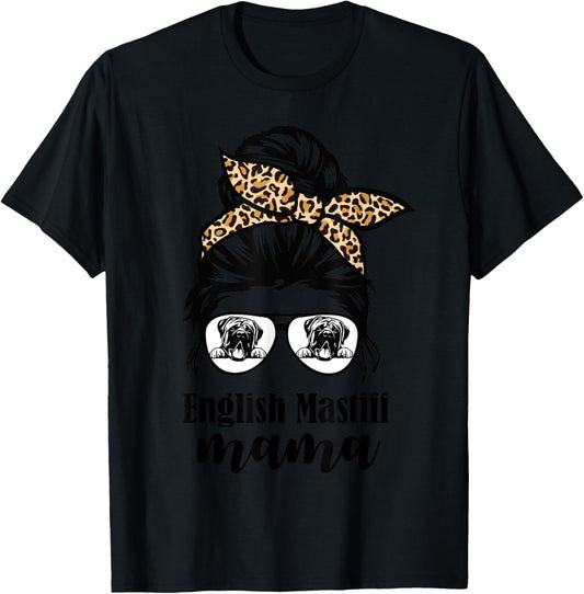 English Mastiff mama messy bun leopard T-Shirt - T-Shirt | Black